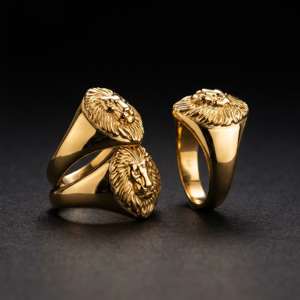 Three gold rings with lion head designs on a dark background